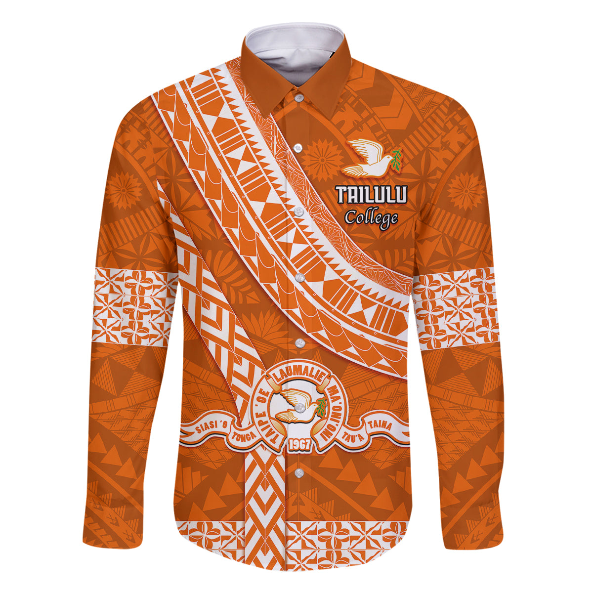 Custom Tailulu College Family Matching Tank Maxi Dress and Hawaiian Shirt Tongan Kupesi Pattern LT05 Dad's Shirt - Long Sleeve Orange - Polynesian Pride