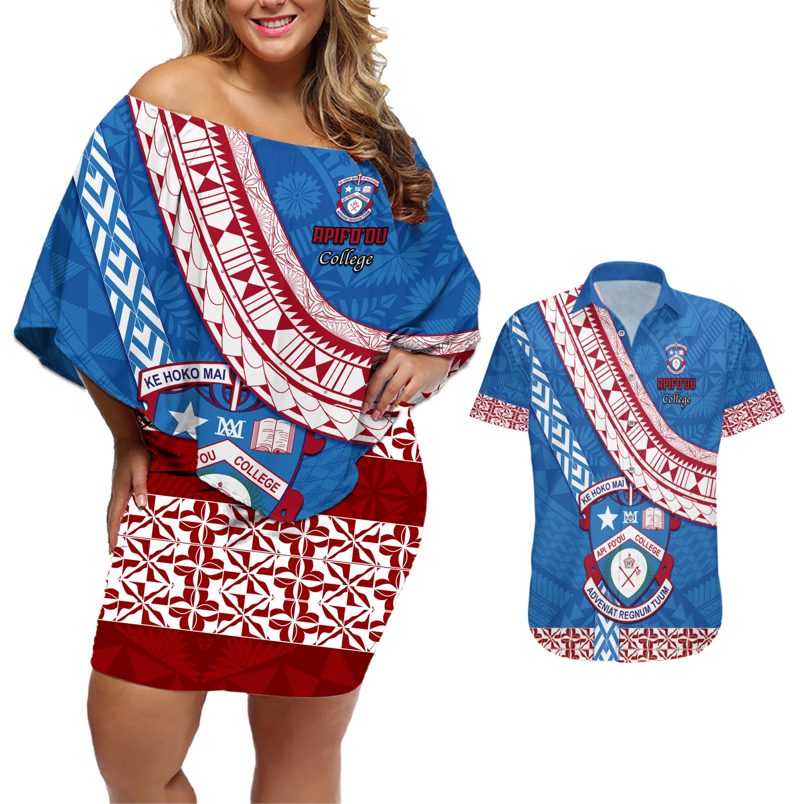 custom-apifoou-college-couples-matching-off-shoulder-short-dress-and-hawaiian-shirt-tongan-kupesi-pattern