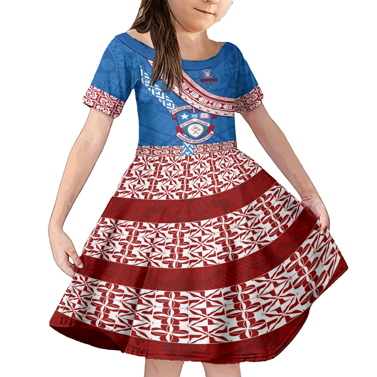 Custom Apifoou College Family Matching Tank Maxi Dress and Hawaiian Shirt Tongan Kupesi Pattern LT05 Daughter's Dress Blue - Polynesian Pride