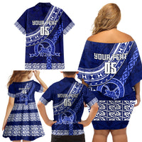 Custom Queen Salote College Family Matching Off Shoulder Short Dress and Hawaiian Shirt Tongan Kupesi Pattern LT05 - Polynesian Pride