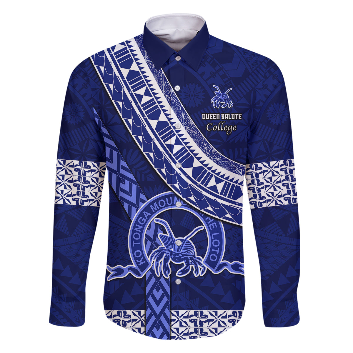 Custom Queen Salote College Family Matching Off Shoulder Short Dress and Hawaiian Shirt Tongan Kupesi Pattern LT05 Dad's Shirt - Long Sleeve Blue - Polynesian Pride