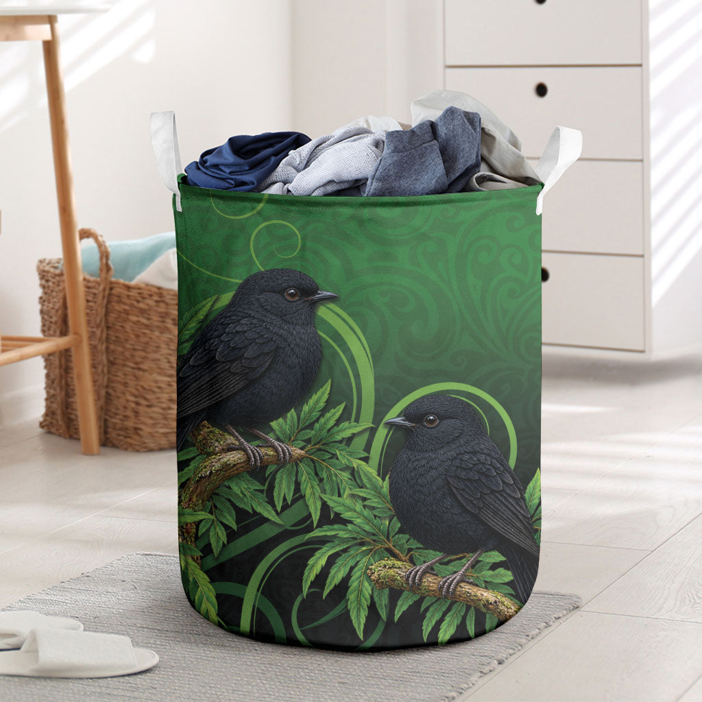 New Zealand Black Robin Laundry Basket Karure Maori Koru Art Tattoo LT05 Green - Polynesian Pride