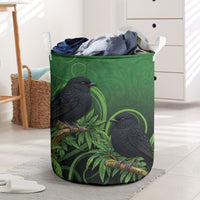 New Zealand Black Robin Laundry Basket Karure Maori Koru Art Tattoo LT05 Green - Polynesian Pride