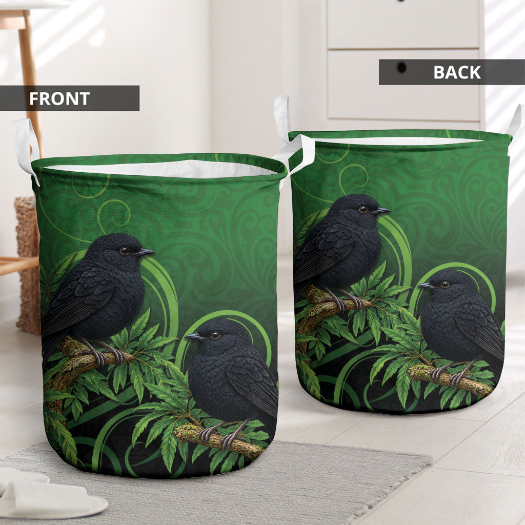 New Zealand Black Robin Laundry Basket Karure Maori Koru Art Tattoo LT05 - Polynesian Pride