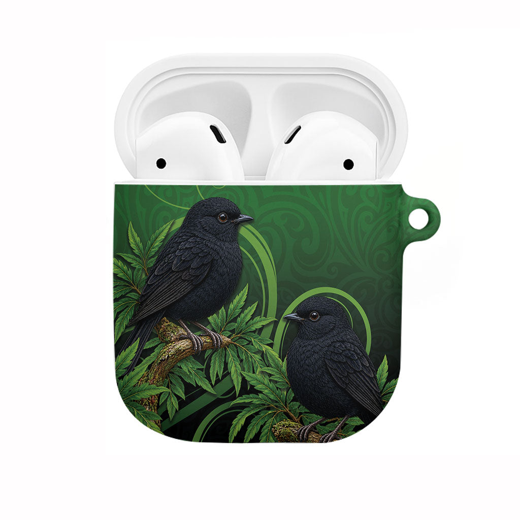 New Zealand Black Robin AirPods Case Karure Maori Koru Art Tattoo LT05 Green - Polynesian Pride