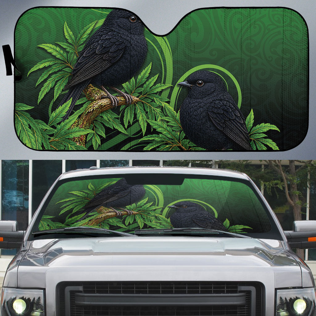 New Zealand Black Robin Auto Sun Shade Karure Maori Koru Art Tattoo LT05 Green - Polynesian Pride