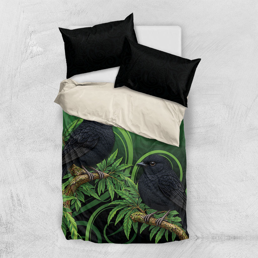 New Zealand Black Robin Bedding Set Karure Maori Koru Art Tattoo LT05 US Twin 172cm x 218cm Green - Polynesian Pride