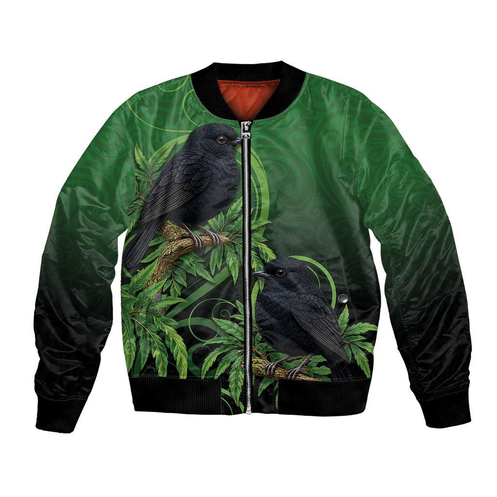 New Zealand Black Robin Bomber Jacket Karure Maori Koru Art Tattoo LT05 Unisex Green - Polynesian Pride