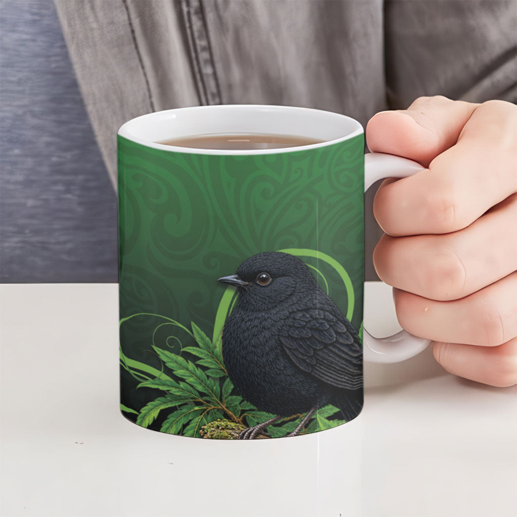 New Zealand Black Robin Ceramic Mug Karure Maori Koru Art Tattoo LT05 - Polynesian Pride