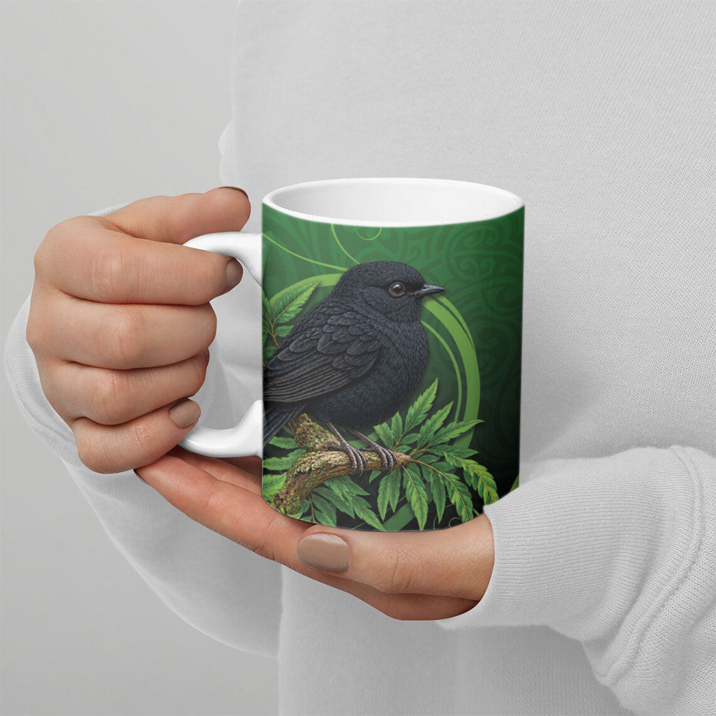 New Zealand Black Robin Ceramic Mug Karure Maori Koru Art Tattoo LT05 - Polynesian Pride