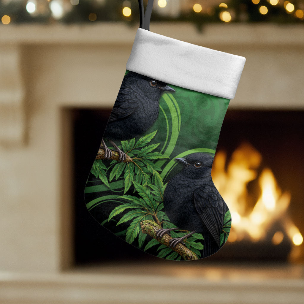 New Zealand Black Robin Christmas Stocking Karure Maori Koru Art Tattoo