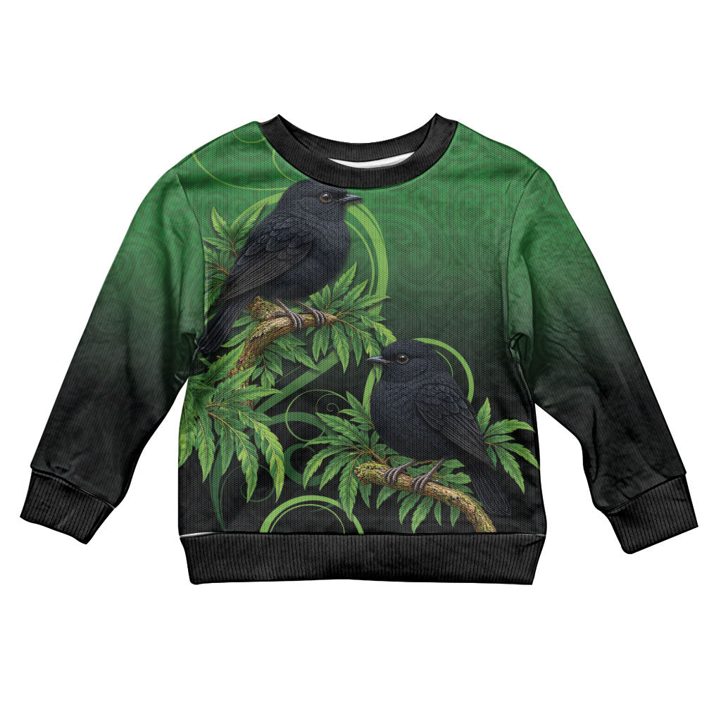New Zealand Black Robin Kid Ugly Christmas Sweater Karure Maori Koru Art Tattoo LT05 Kid Green - Polynesian Pride
