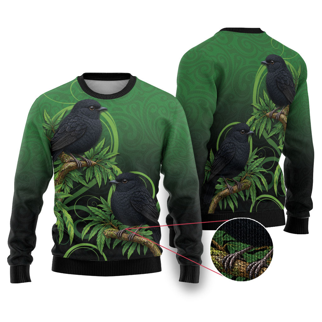 New Zealand Black Robin Ugly Christmas Sweater Karure Maori Koru Art Tattoo LT05 Green - Polynesian Pride