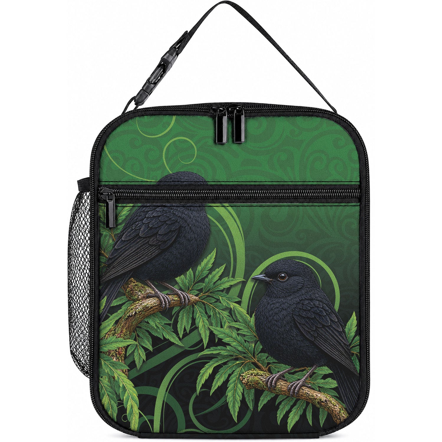New Zealand Black Robin Lunch Bag Karure Maori Koru Art Tattoo LT05 10.2 × 8.3 × 4.3 inch Green - Polynesian Pride