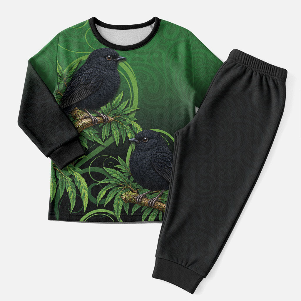 New Zealand Black Robin Christmas Pajama Set Karure Maori Koru Art Tattoo LT05 Men Green - Polynesian Pride