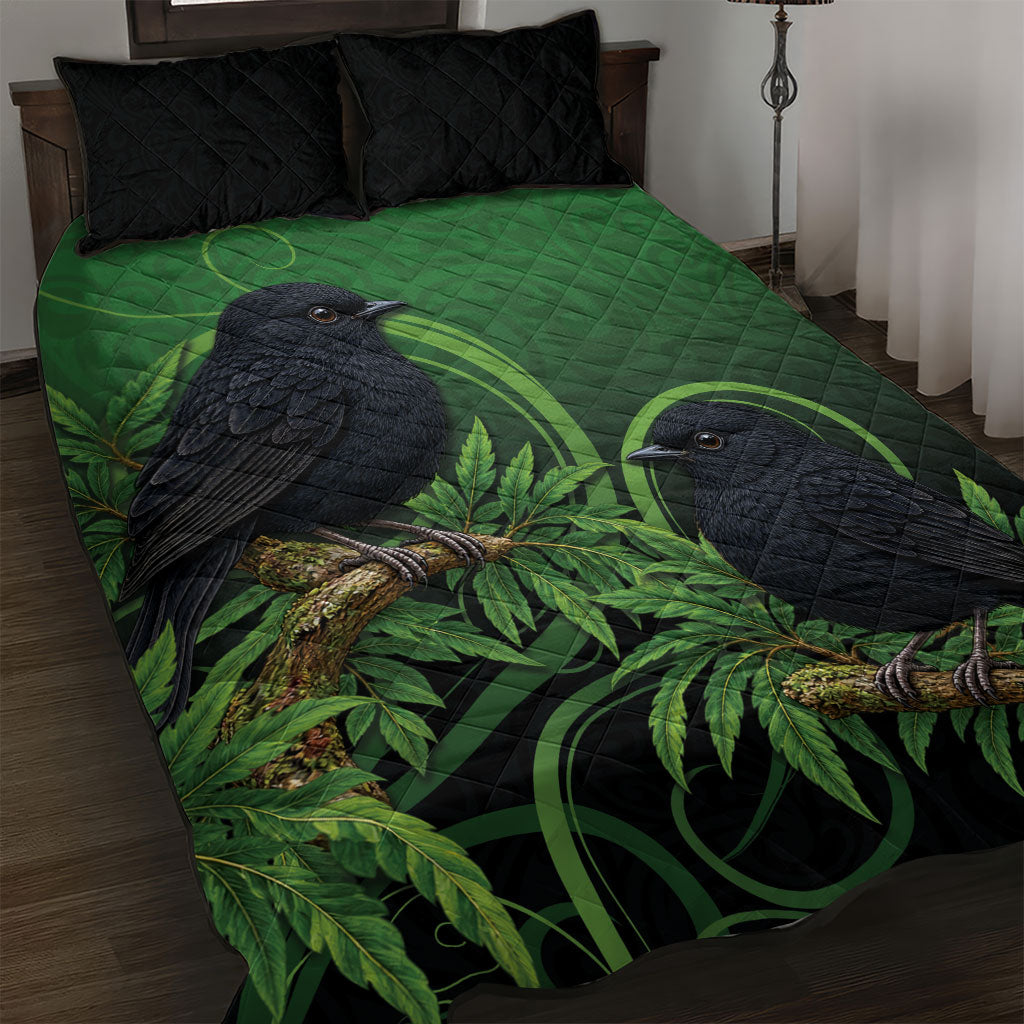 New Zealand Black Robin Quilt Bed Set Karure Maori Koru Art Tattoo LT05 Green - Polynesian Pride