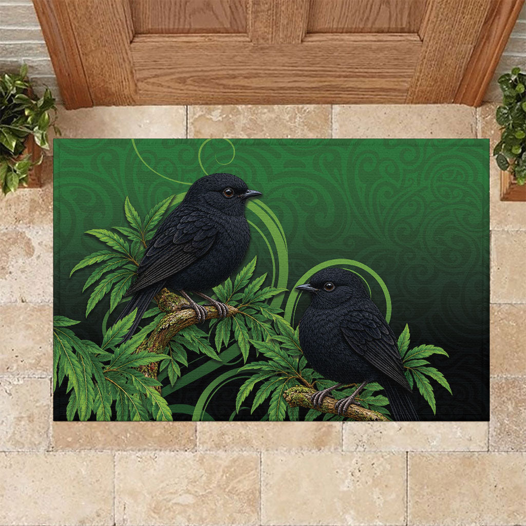 New Zealand Black Robin Rubber Doormat Karure Maori Koru Art Tattoo LT05 Green - Polynesian Pride
