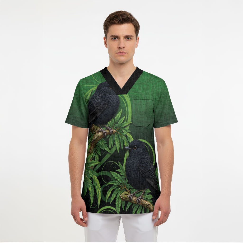 New Zealand Black Robin Scrub Top Karure Maori Koru Art Tattoo LT05 - Polynesian Pride