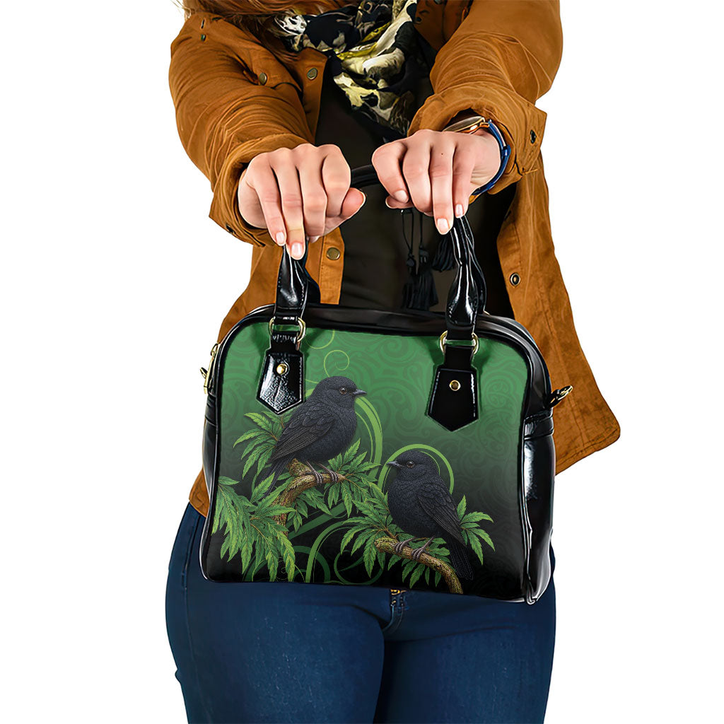 New Zealand Black Robin Shoulder Handbag Karure Maori Koru Art Tattoo LT05 One Size Green - Polynesian Pride