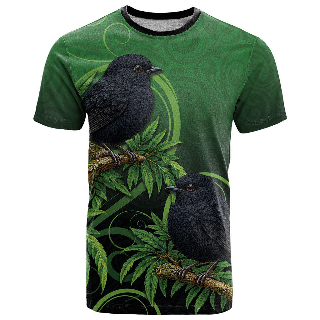 New Zealand Black Robin T Shirt Karure Maori Koru Art Tattoo LT05 Green - Polynesian Pride