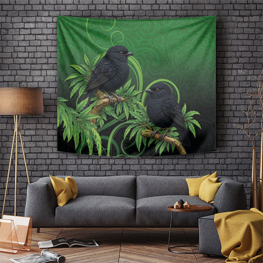 New Zealand Black Robin Tapestry Karure Maori Koru Art Tattoo LT05 Green - Polynesian Pride