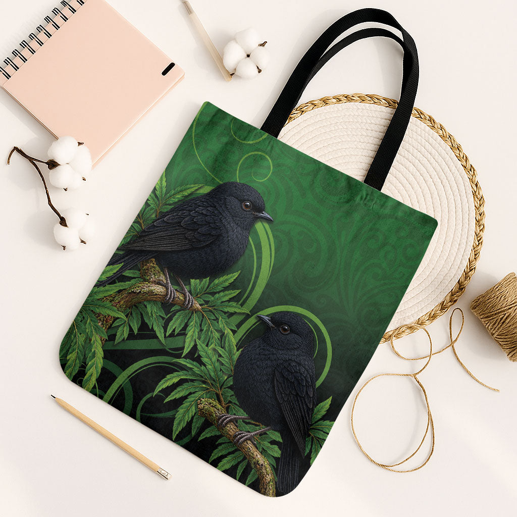 New Zealand Black Robin Tote Bag Karure Maori Koru Art Tattoo LT05 Black Strap One Size Green - Polynesian Pride