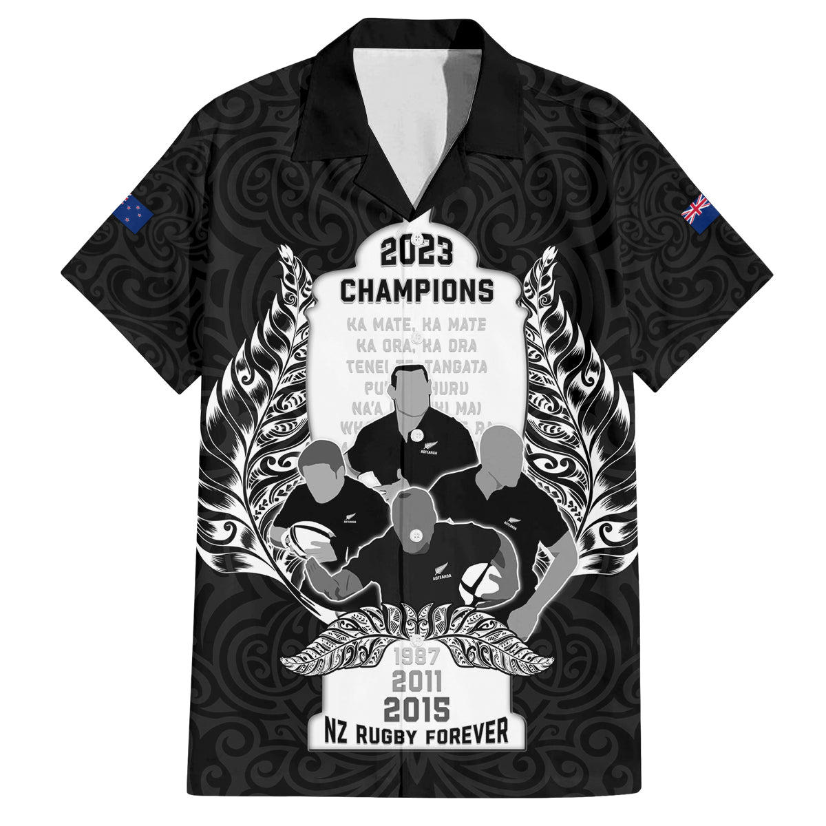 New Zealand Rugby Family Matching Puletasi Dress and Hawaiian Shirt The Haka With Champions Cup LT05 Dad's Shirt - Short Sleeve Black - Polynesian Pride