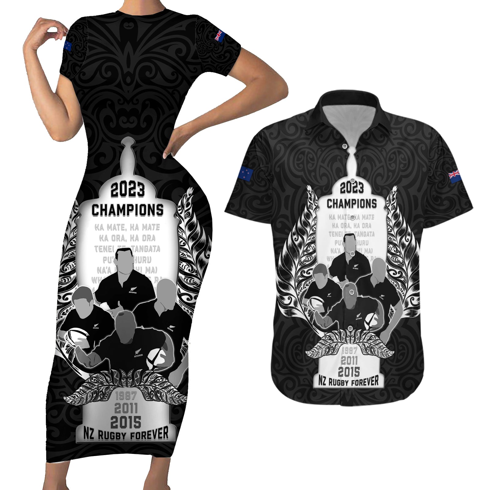 Custom New Zealand Rugby Couples Matching Short Sleeve Bodycon Dress and Hawaiian Shirt The Haka With Champions Cup LT05 Black - Polynesian Pride