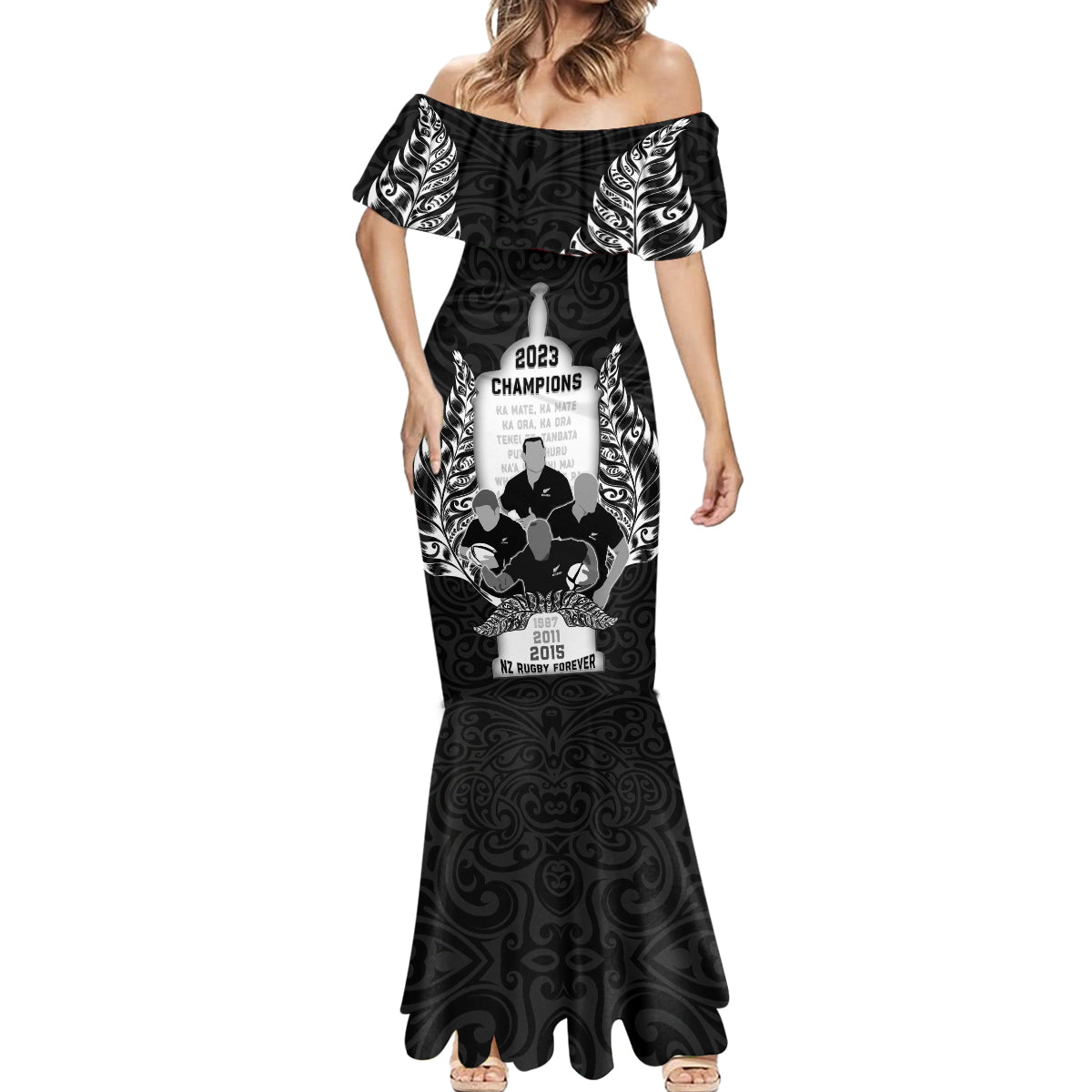 Custom New Zealand Rugby Mermaid Dress The Haka With Champions Cup LT05 - Polynesian Pride