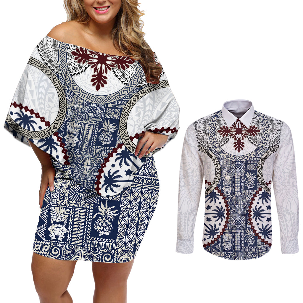 Hawaii Couples Matching Off Shoulder Short Dress and Long Sleeve Button Shirt Barkcloth Pattern Vintage Style LT05 Blue - Polynesian Pride