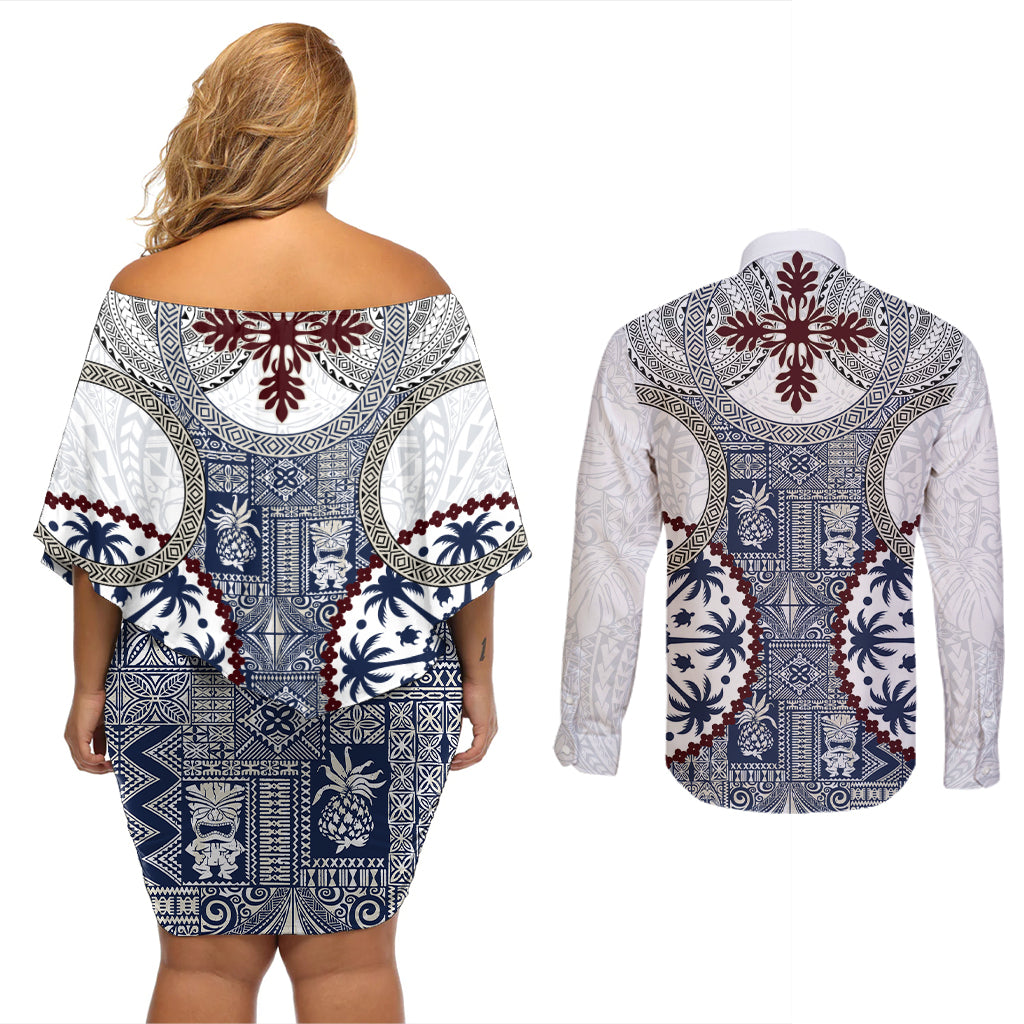 Hawaii Couples Matching Off Shoulder Short Dress and Long Sleeve Button Shirt Barkcloth Pattern Vintage Style LT05 - Polynesian Pride
