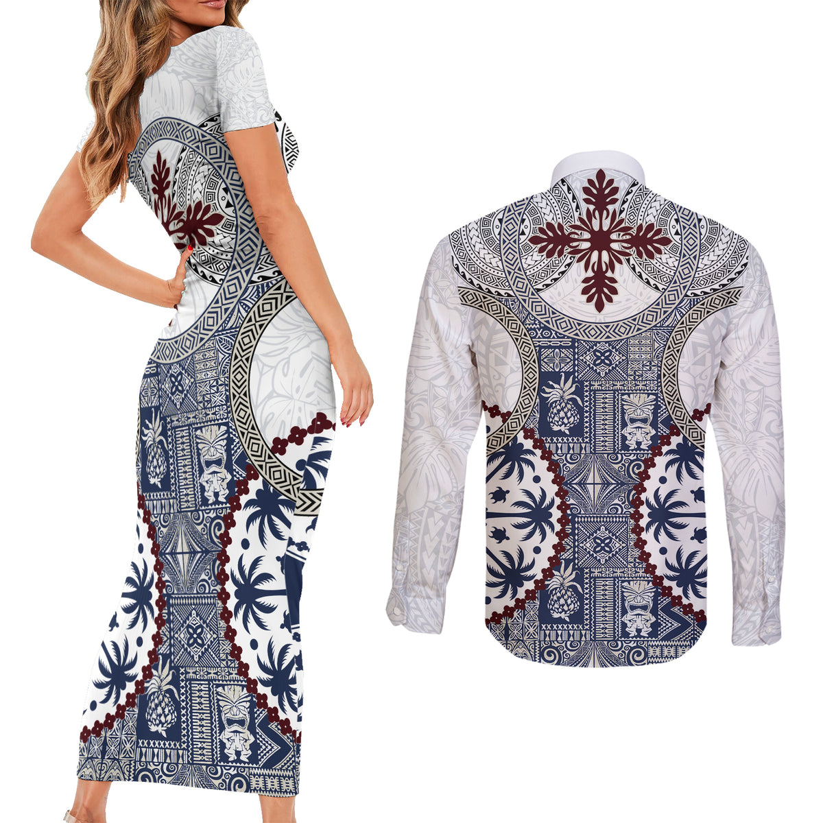 Hawaii Couples Matching Short Sleeve Bodycon Dress and Long Sleeve Button Shirt Barkcloth Pattern Vintage Style LT05 - Polynesian Pride