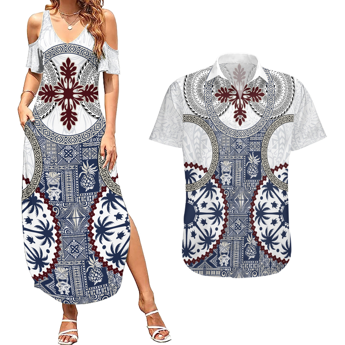 Hawaii Couples Matching Summer Maxi Dress and Hawaiian Shirt Barkcloth Pattern Vintage Style LT05 Blue - Polynesian Pride
