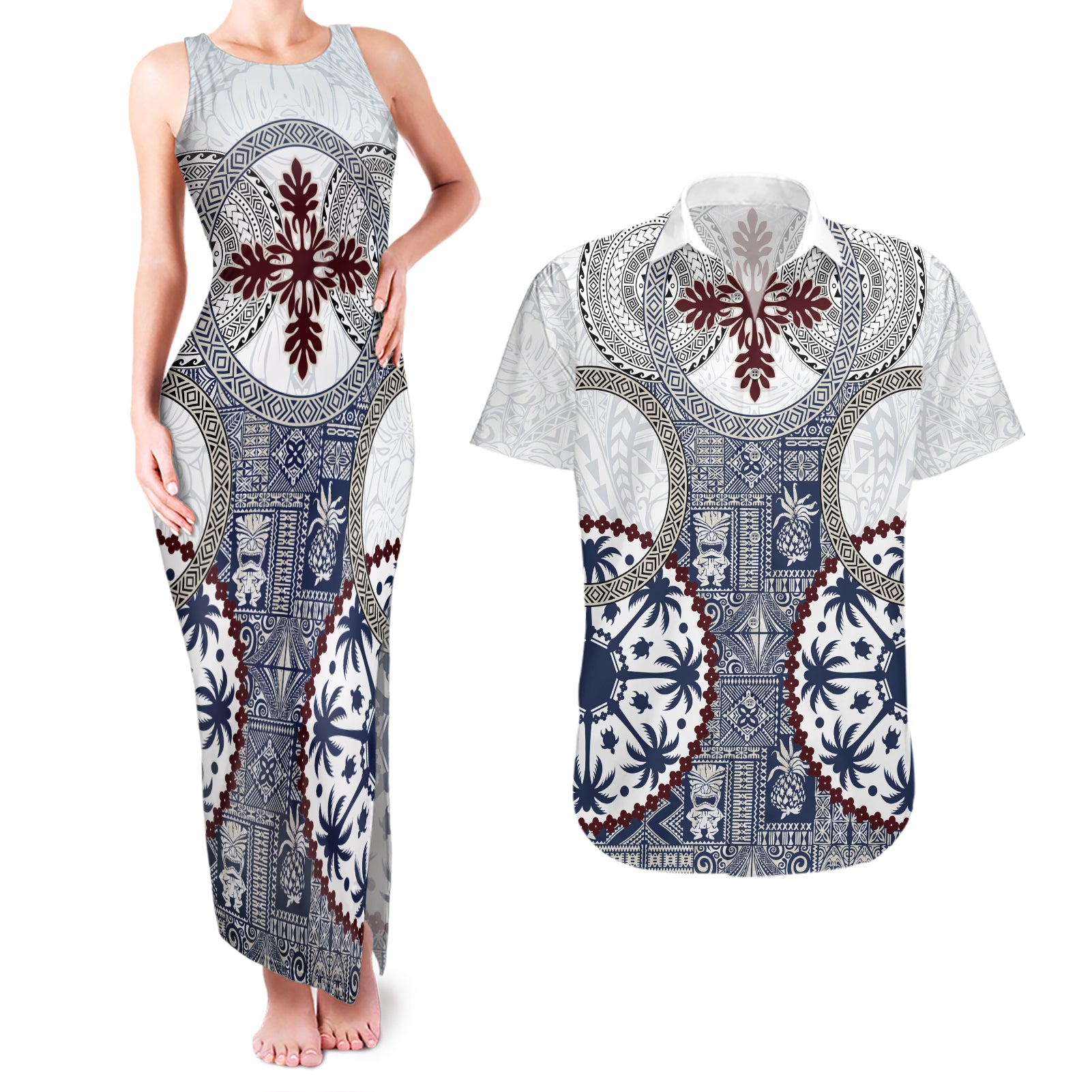 Hawaii Couples Matching Tank Maxi Dress and Hawaiian Shirt Barkcloth Pattern Vintage Style LT05 Blue - Polynesian Pride