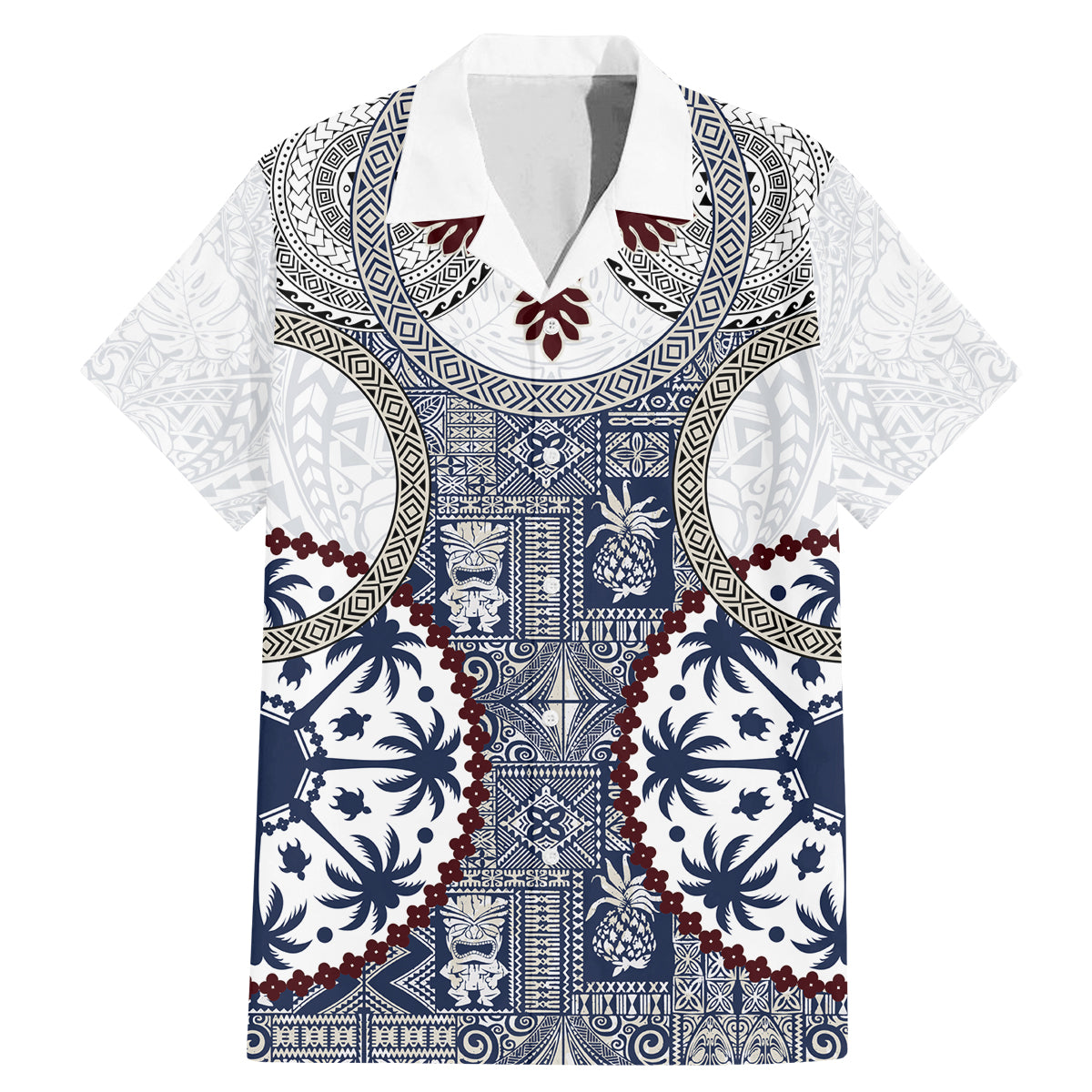 Hawaii Family Matching Mermaid Dress and Hawaiian Shirt Barkcloth Pattern Vintage Style LT05 Dad's Shirt - Short Sleeve Blue - Polynesian Pride