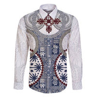 Hawaii Family Matching Off Shoulder Maxi Dress and Hawaiian Shirt Barkcloth Pattern Vintage Style LT05 Dad's Shirt - Long Sleeve Blue - Polynesian Pride