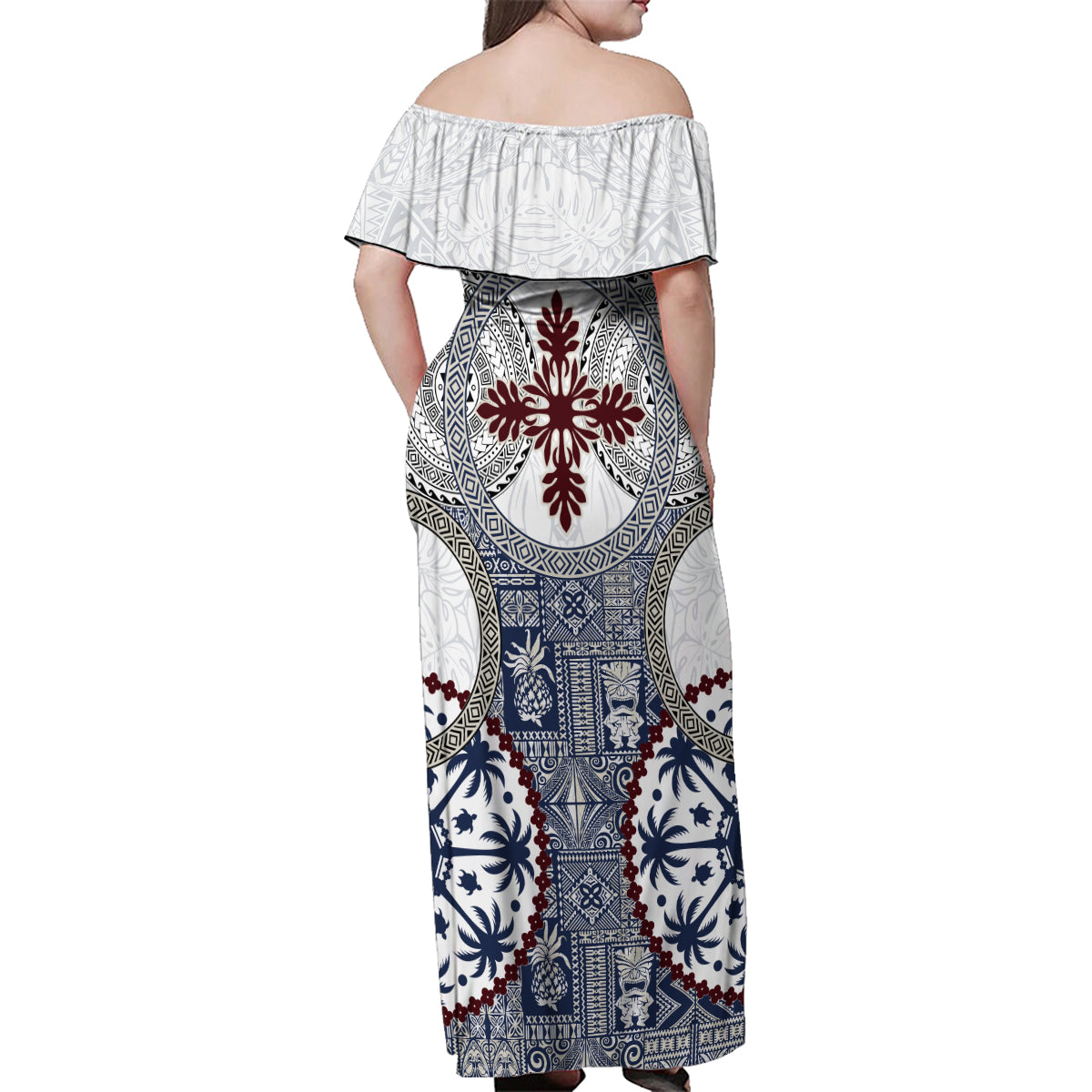 Hawaii Family Matching Off Shoulder Maxi Dress and Hawaiian Shirt Barkcloth Pattern Vintage Style LT05 - Polynesian Pride