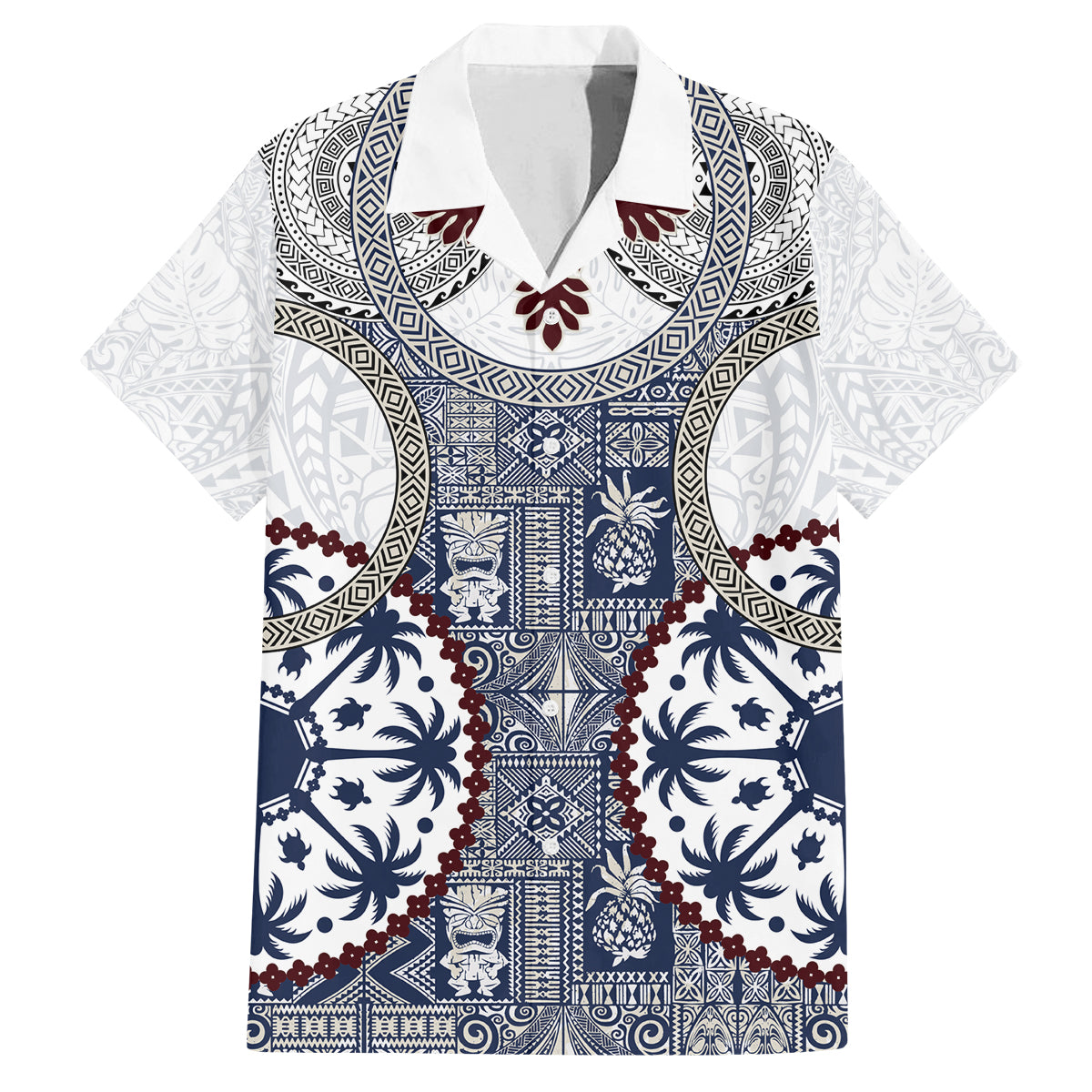 Hawaii Family Matching Off Shoulder Short Dress and Hawaiian Shirt Barkcloth Pattern Vintage Style LT05 Dad's Shirt - Short Sleeve Blue - Polynesian Pride