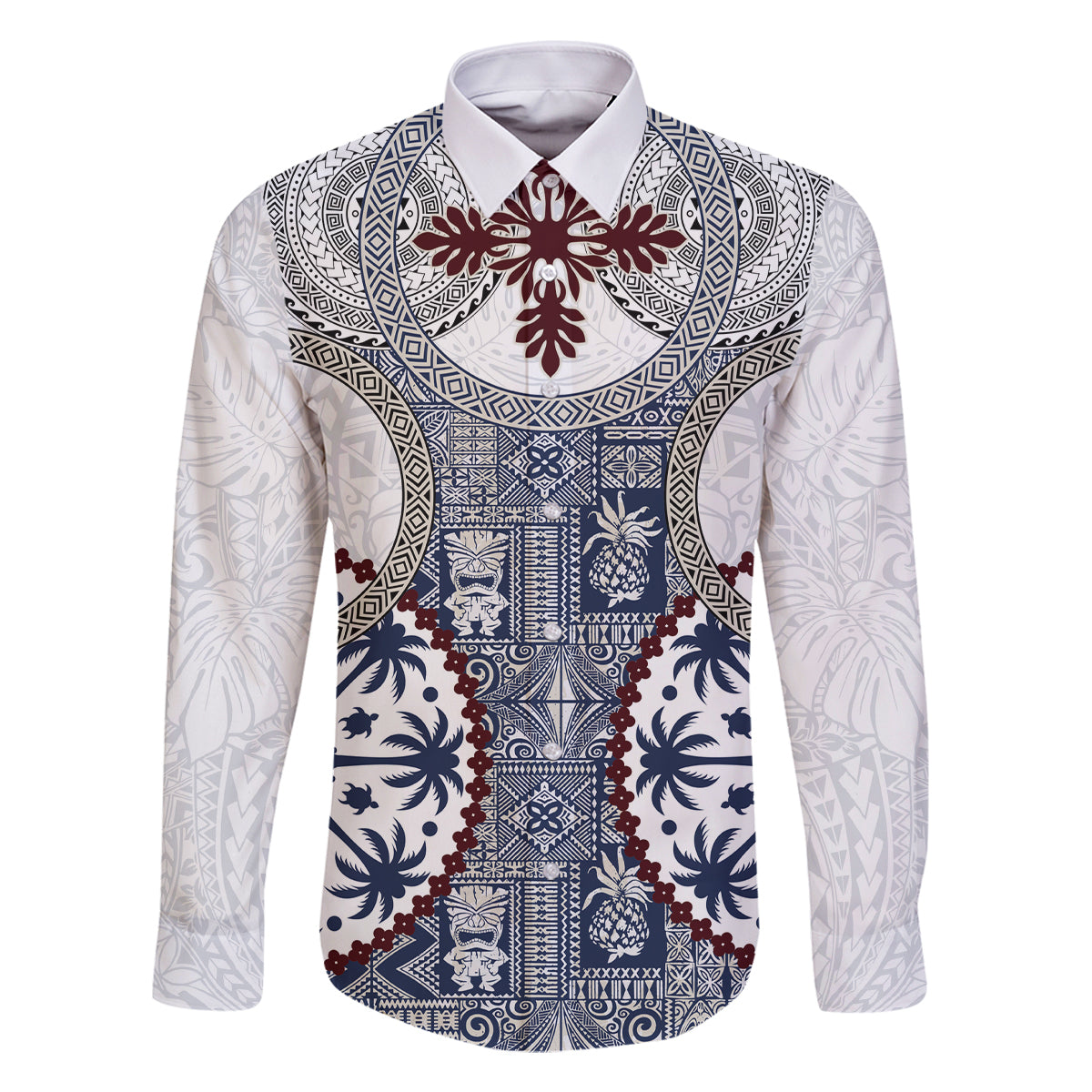 Hawaii Family Matching Summer Maxi Dress and Hawaiian Shirt Barkcloth Pattern Vintage Style LT05 Dad's Shirt - Long Sleeve Blue - Polynesian Pride