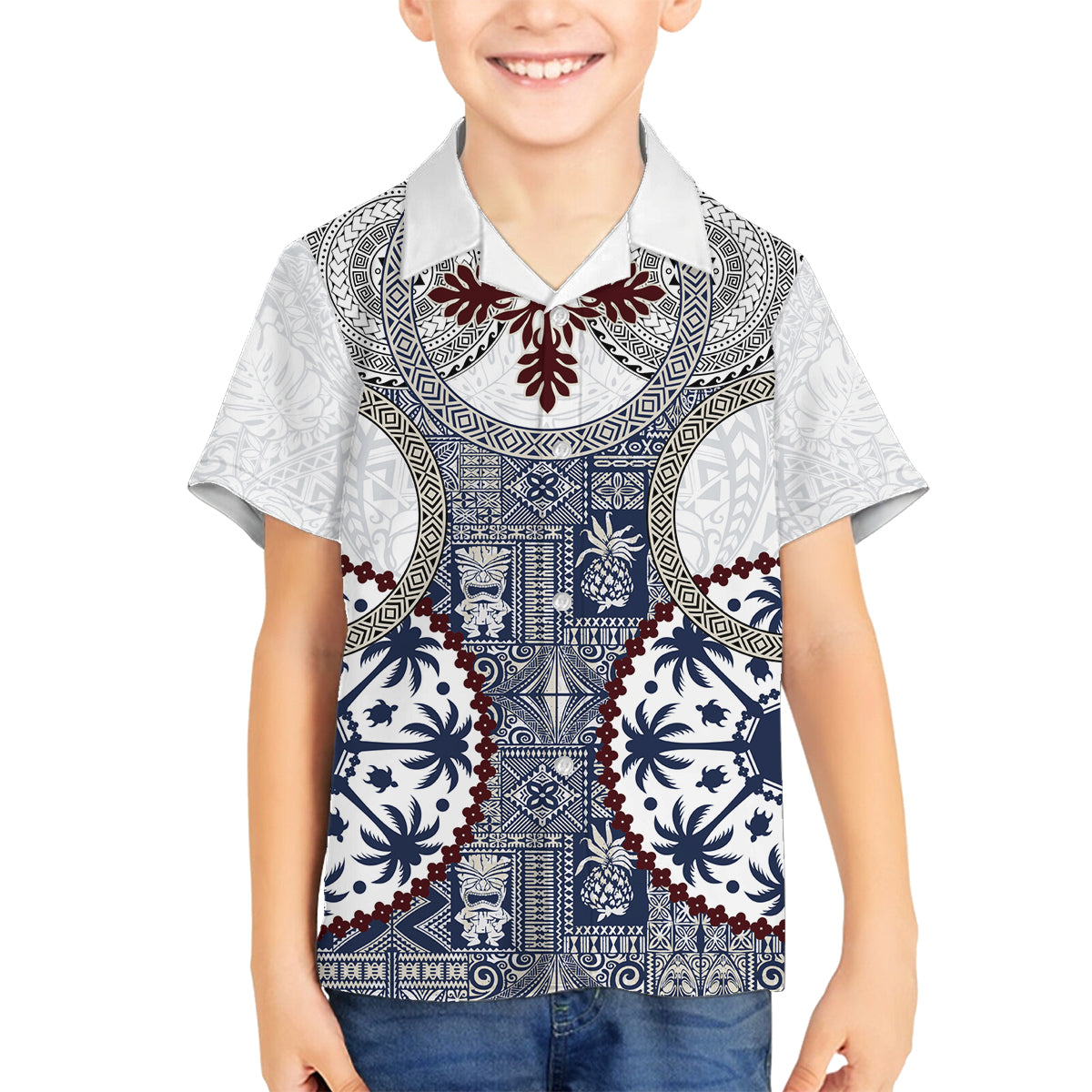 Hawaii Family Matching Summer Maxi Dress and Hawaiian Shirt Barkcloth Pattern Vintage Style LT05 Son's Shirt Blue - Polynesian Pride