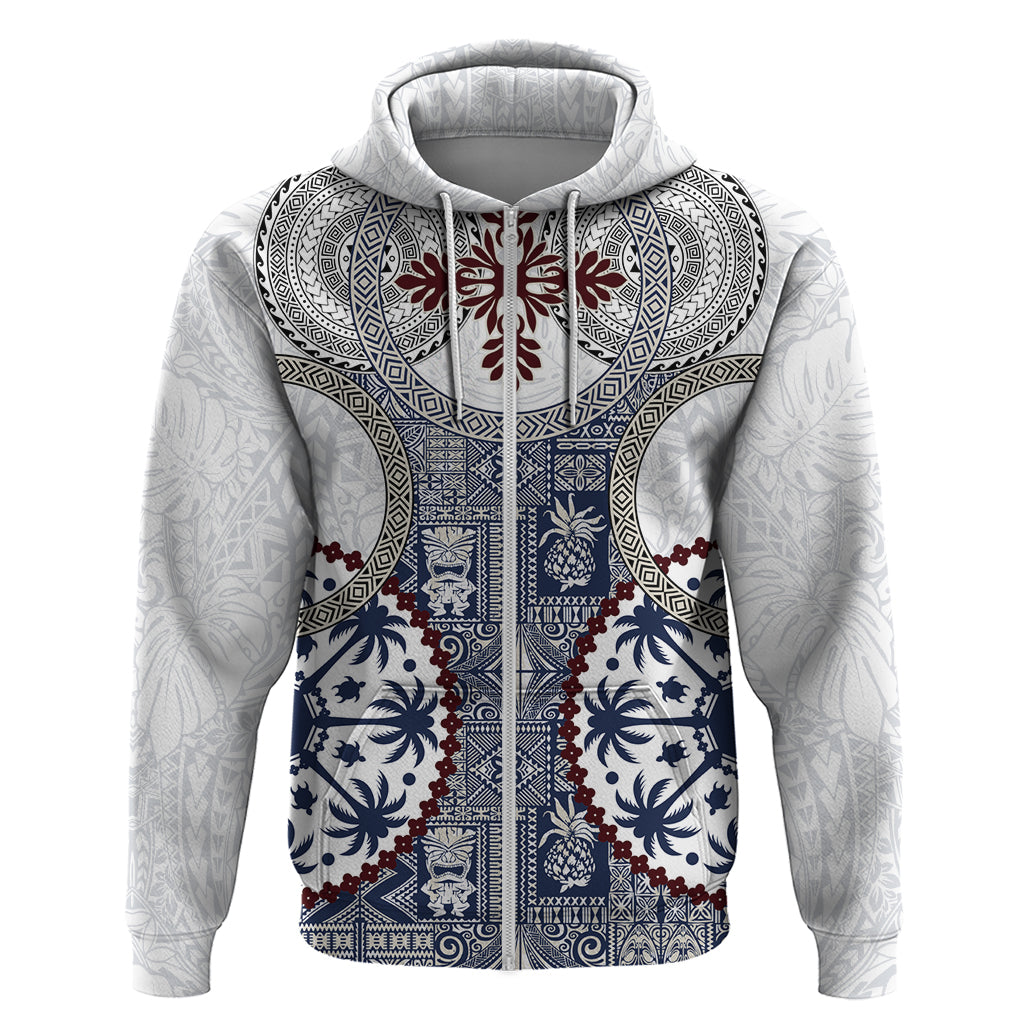 Hawaii Zip Hoodie Barkcloth Pattern Vintage Style LT05 Zip Hoodie Blue - Polynesian Pride