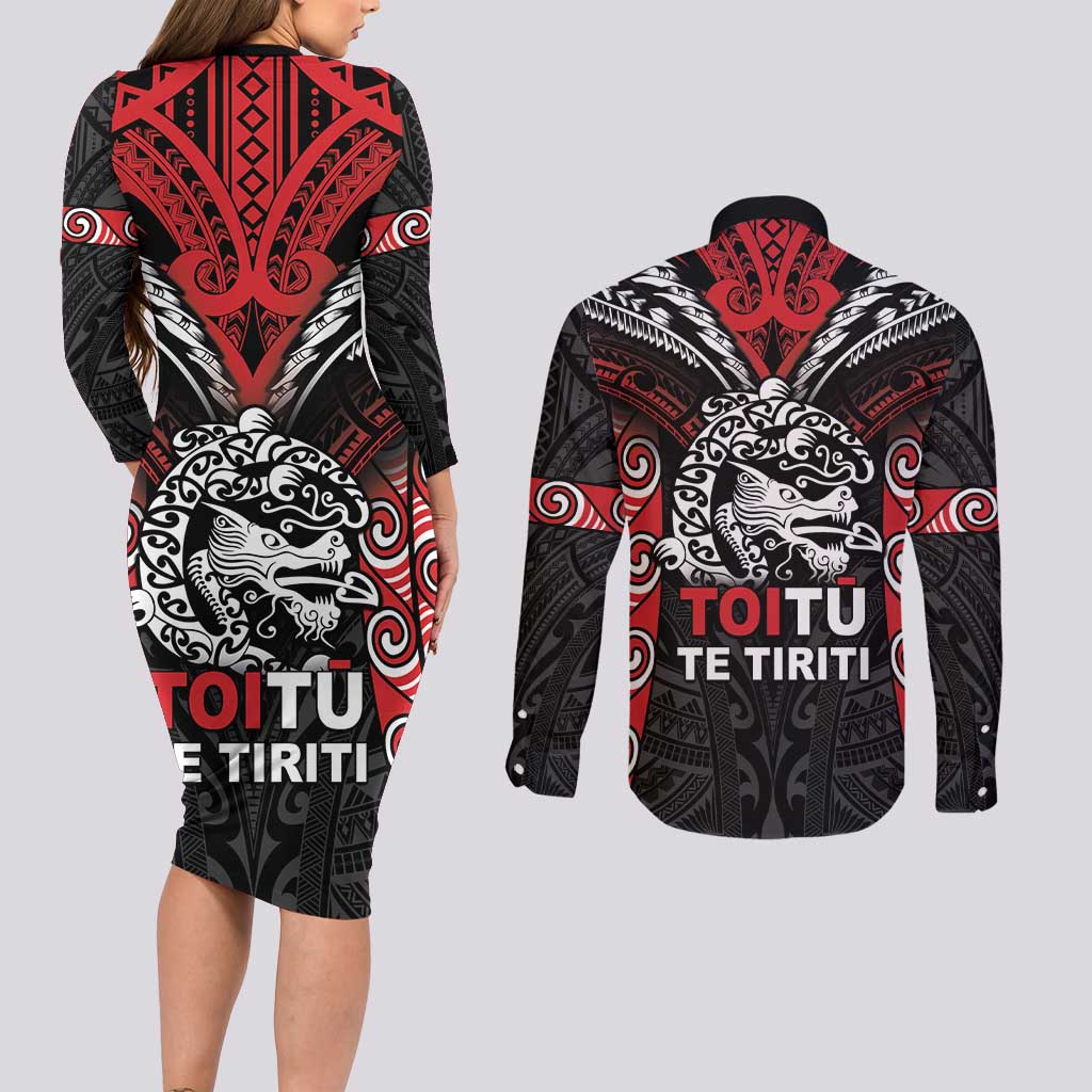 Aotearoa Mana Maori Couples Matching Long Sleeve Bodycon Dress and Long Sleeve Button Shirt Toitu Te Tiriti
