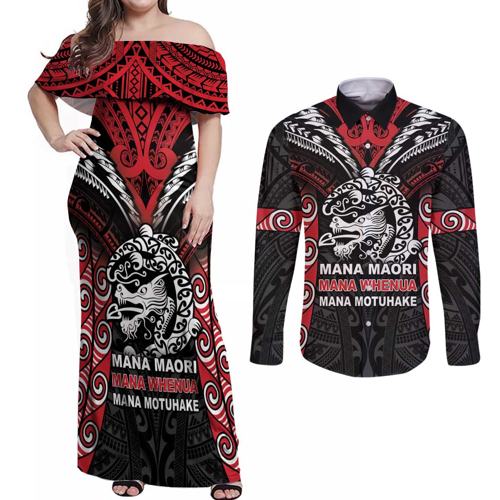 Aotearoa Mana Maori Couples Matching Off Shoulder Maxi Dress and Long Sleeve Button Shirt Toitu Te Tiriti