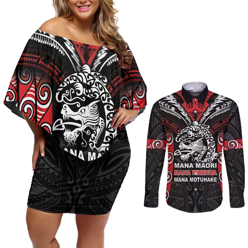 Aotearoa Mana Maori Couples Matching Off Shoulder Short Dress and Long Sleeve Button Shirt Toitu Te Tiriti