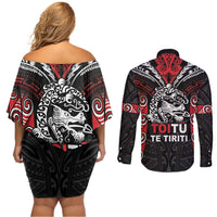 Aotearoa Mana Maori Couples Matching Off Shoulder Short Dress and Long Sleeve Button Shirt Toitu Te Tiriti