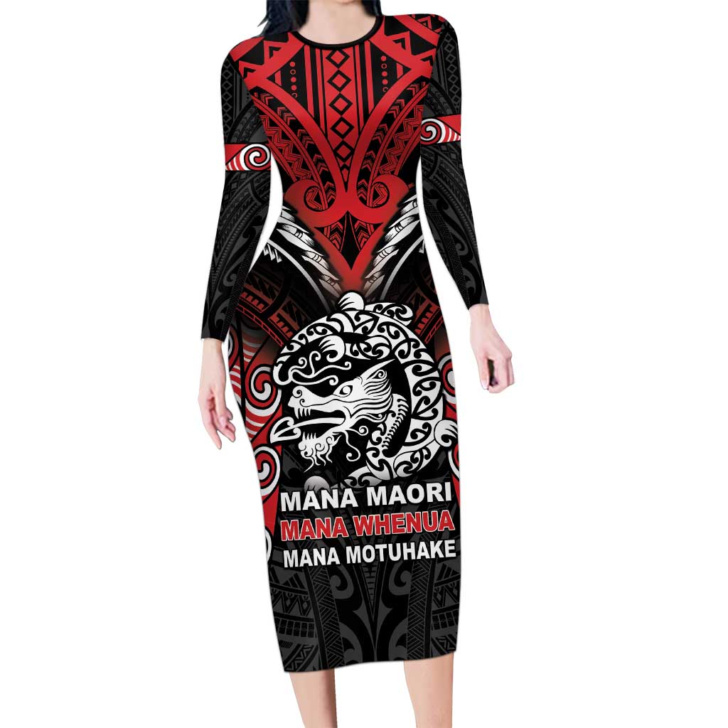 Aotearoa Mana Maori Long Sleeve Bodycon Dress Toitu Te Tiriti LT05 Long Dress Black - Polynesian Pride