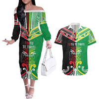 Cook Islands And Aotearoa Couples Matching Off The Shoulder Long Sleeve Dress and Hawaiian Shirt Together For Te Tiriti O Waitangi LT05 Black - Polynesian Pride