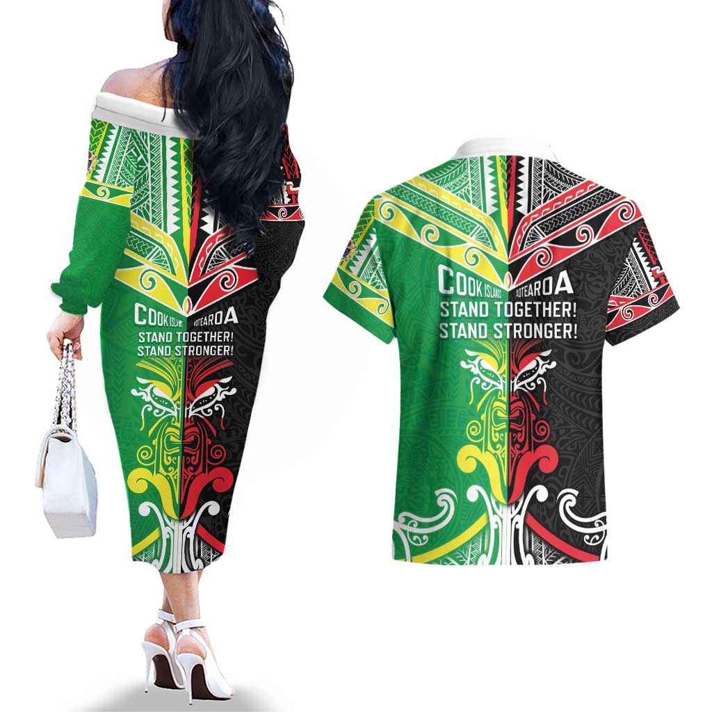 Cook Islands And Aotearoa Couples Matching Off The Shoulder Long Sleeve Dress and Hawaiian Shirt Together For Te Tiriti O Waitangi LT05 - Polynesian Pride