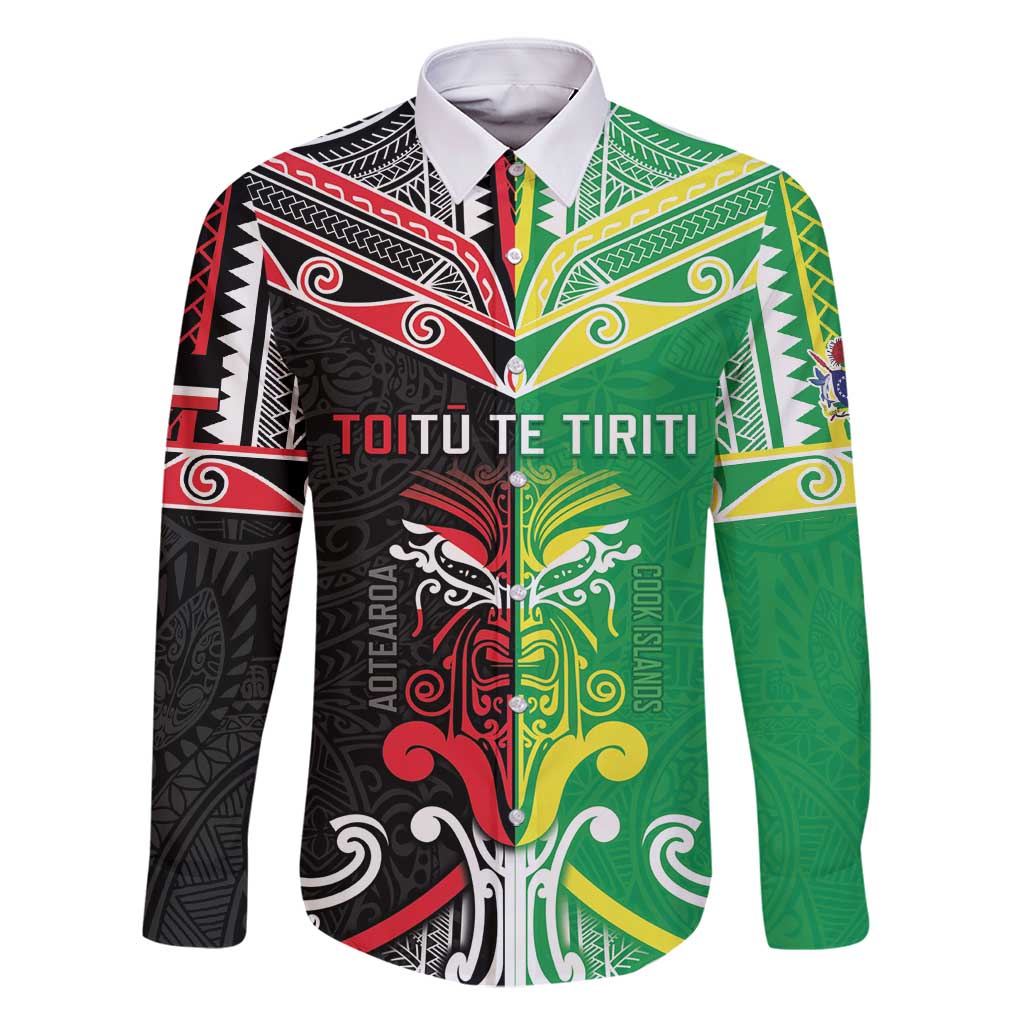 Cook Islands And Aotearoa Family Matching Mermaid Dress and Hawaiian Shirt Together For Te Tiriti O Waitangi LT05 Dad's Shirt - Long Sleeve Black - Polynesian Pride