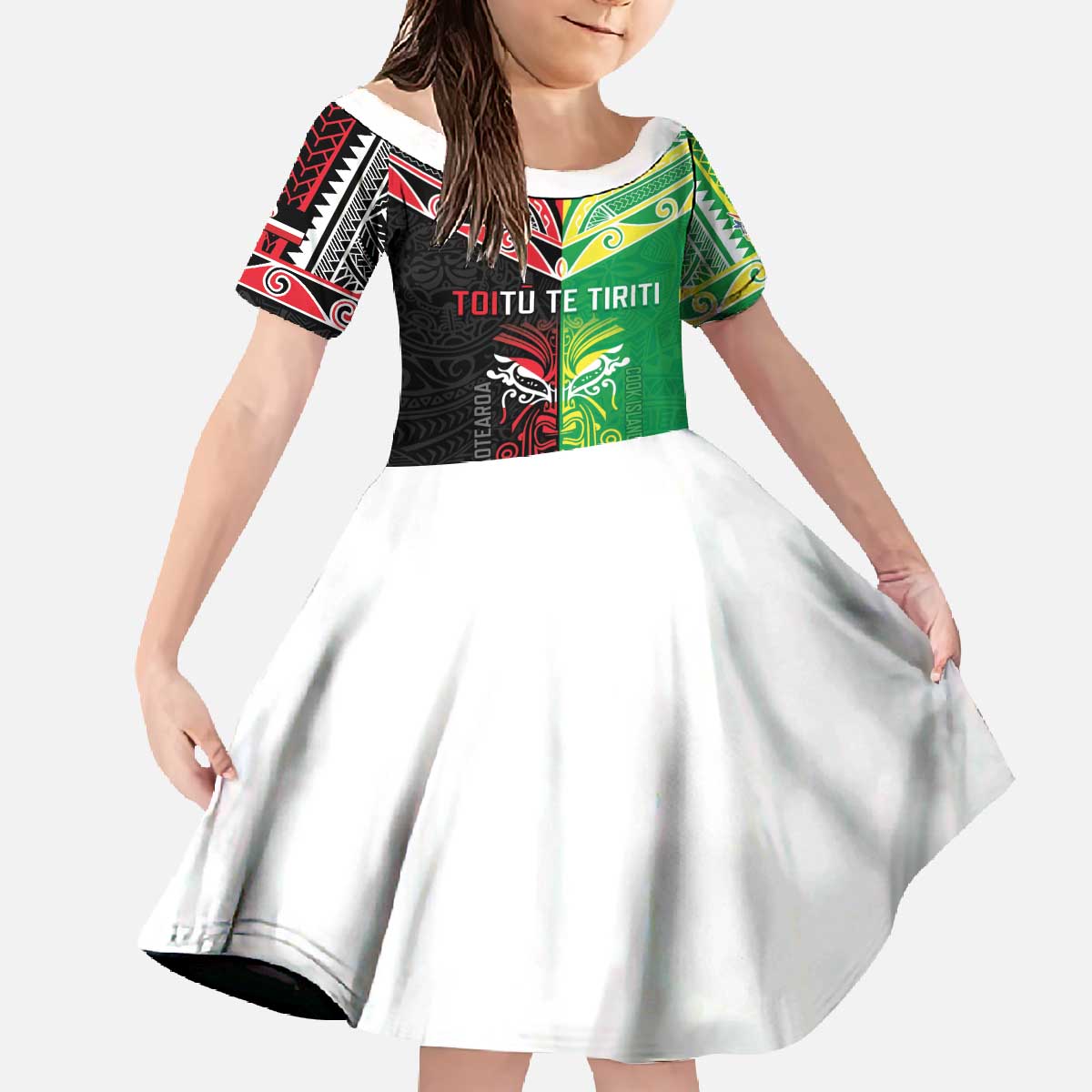 Cook Islands And Aotearoa Family Matching Off The Shoulder Long Sleeve Dress and Hawaiian Shirt Together For Te Tiriti O Waitangi LT05 Daughter's Dress Black - Polynesian Pride